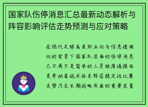 国家队伤停消息汇总最新动态解析与阵容影响评估走势预测与应对策略